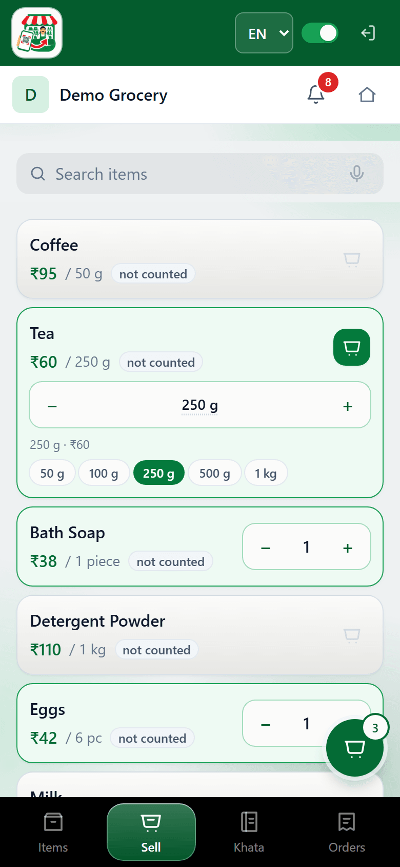 Demo Grocery — Counter billing