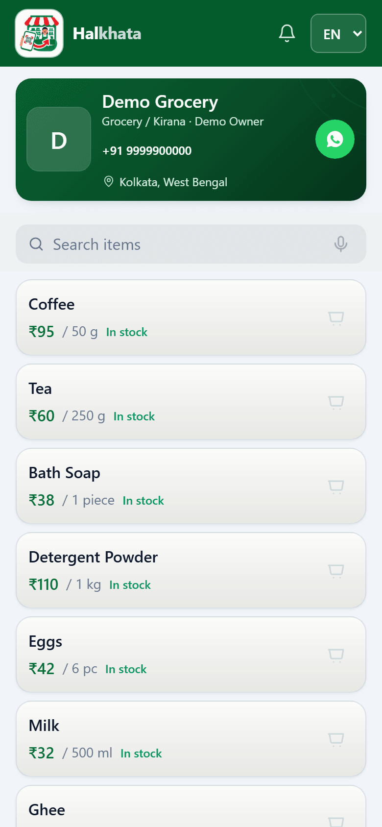 Demo Grocery — the shop page customers open from the QR code