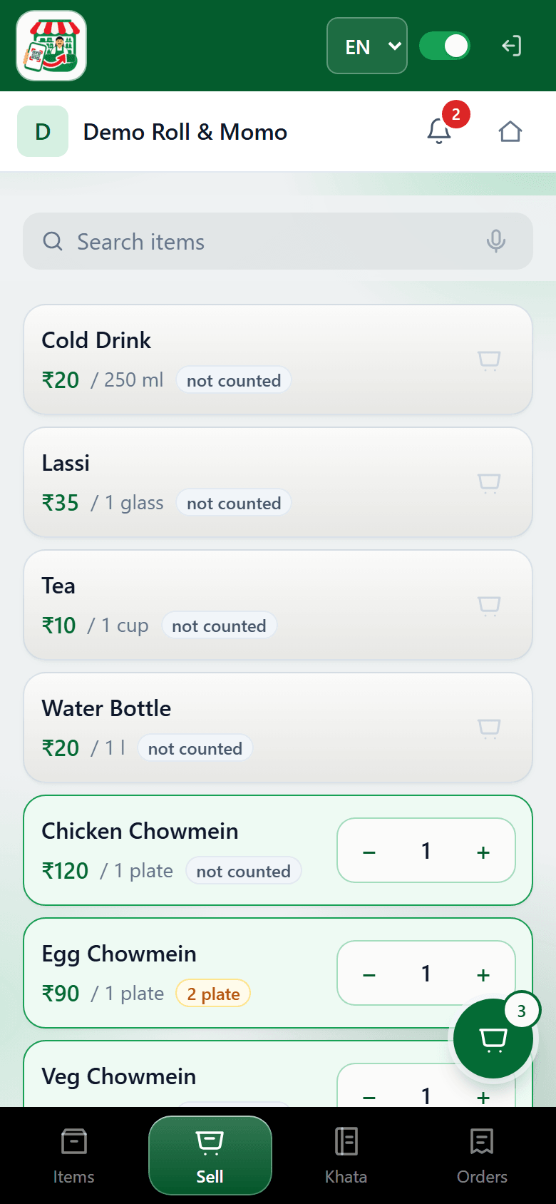 Demo Roll & Momo — Counter billing