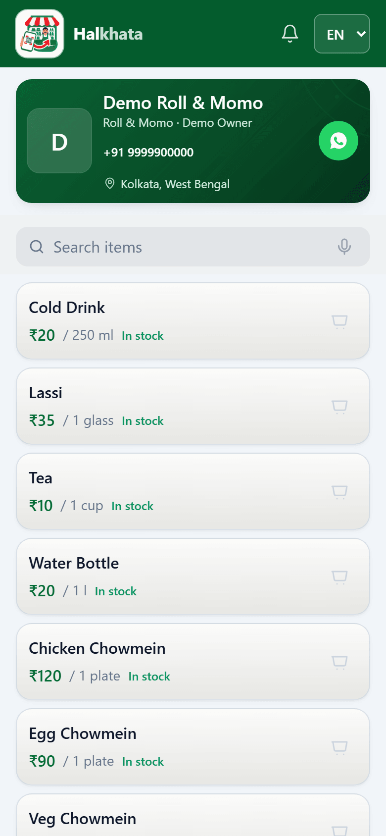 Demo Roll & Momo — the shop page customers open from the QR code