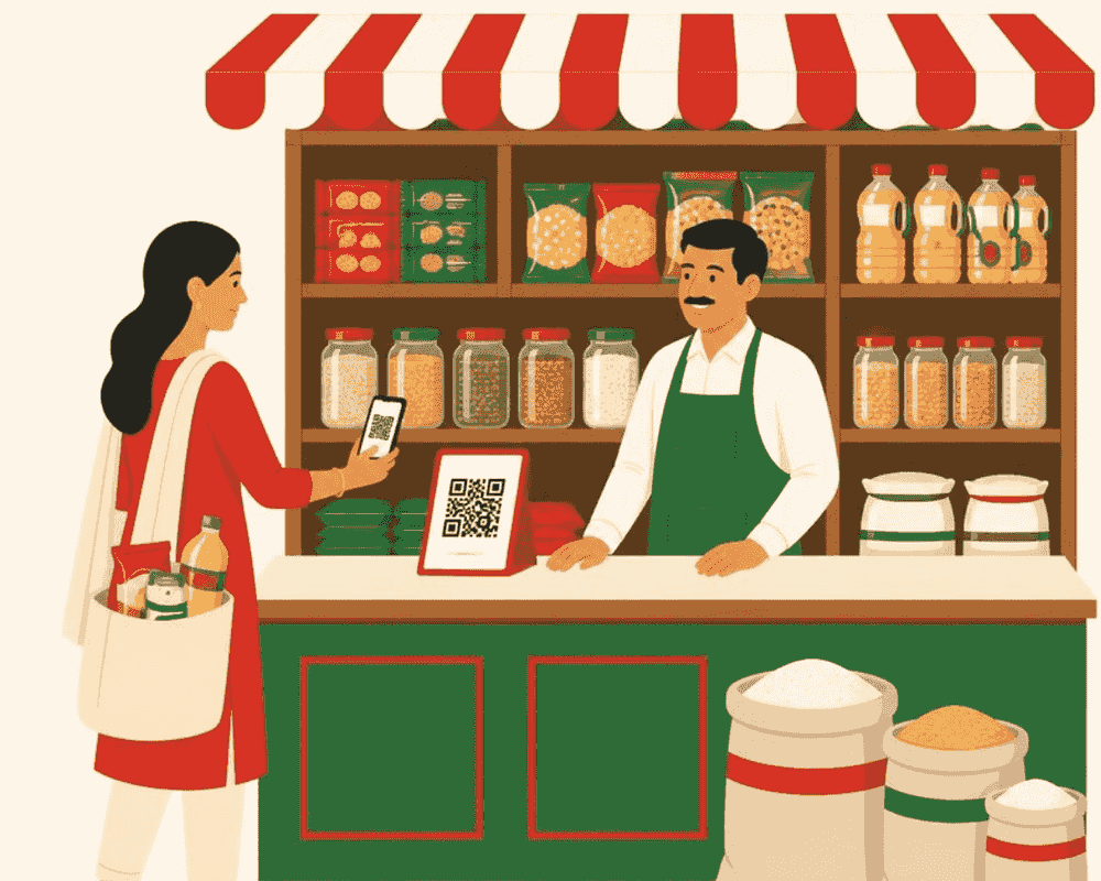 A customer at a kirana shop counter scanning the shop’s QR card with her phone while the owner serves her, shelves of packets, jars and oil behind him