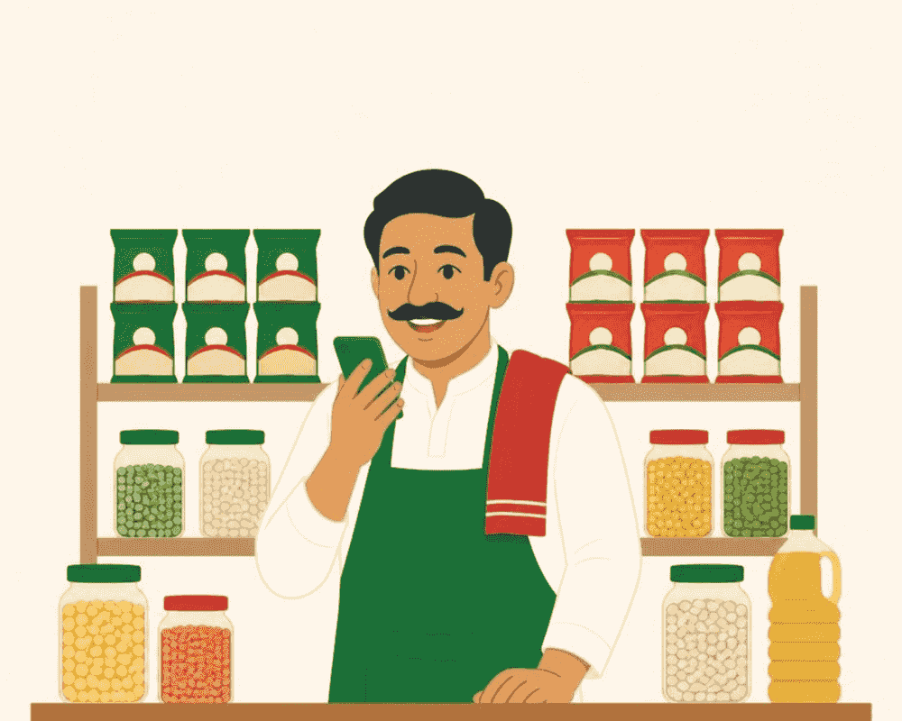 A shop owner in a green apron speaking into his phone