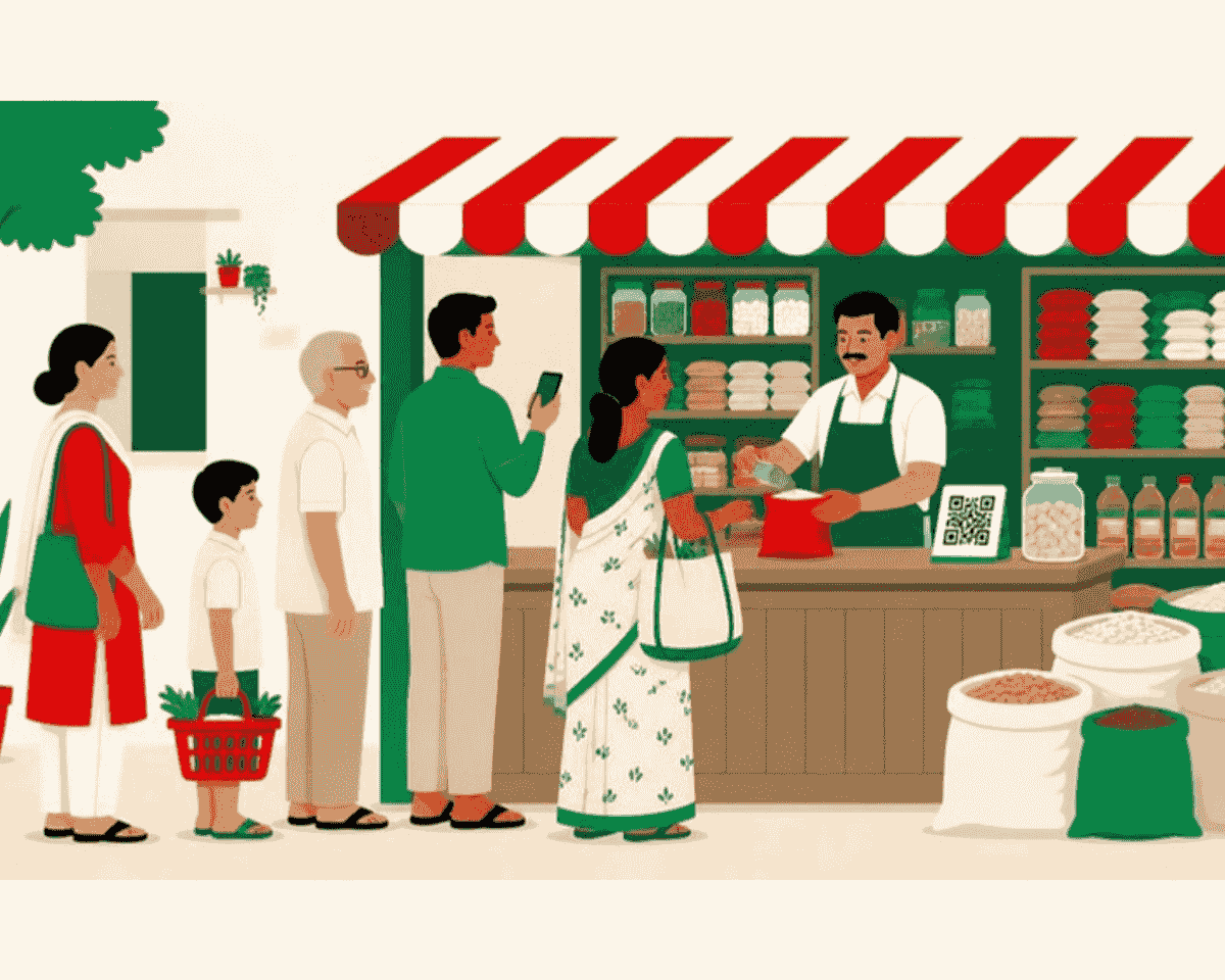 A busy kirana shop under a red and white awning — shelves of jars and packets, sacks of pulses, the owner serving at the counter and a queue of customers waiting, one of them scanning the QR card